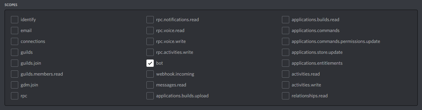 "bot" et "applications.commands" cochés dans "scopes".